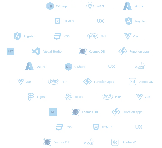A cloud of various technologies/services and their logos, such as .NET, Microsoft Azure, C-sharp, Angular, React, Vue, Cosmos DB, Function apps, PHP, HTML, CSS, MySQL, UX, Figma, and Adobe XD.